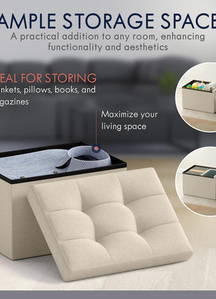 Rectangular Linen Foldable Ottoman - Compact Storage Footrest Stool for Living Room, Bedroom, Home Office, and Dorm - 12" x 16" x 12", Beige