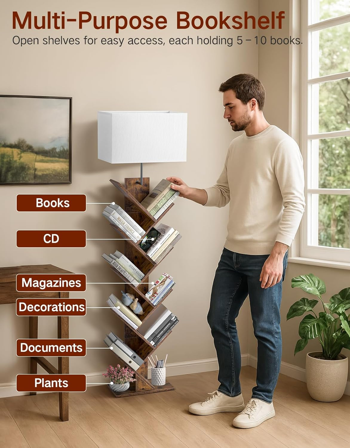 9 Tier Tree Bookshelf with Light, Remote & Timer, Modern Tall Floor Standing Book Shelf, Narrow Wood Bookcase, Small Book Organizer Shelves for Living Room, Bedroom, Office