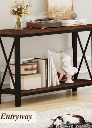 47-Inch Industrial 2-Tier Console Table in Rustic Oak for Entryway, Living Room, Hallway, and Foyer