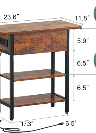 End Table with Built-in Charging Station, Flip Top Design Featuring USB Ports and Outlets, Multi-functional Sofa and Bedside Table for Living Room and Bedroom, Space-saving Nightstand with Storage Shelves