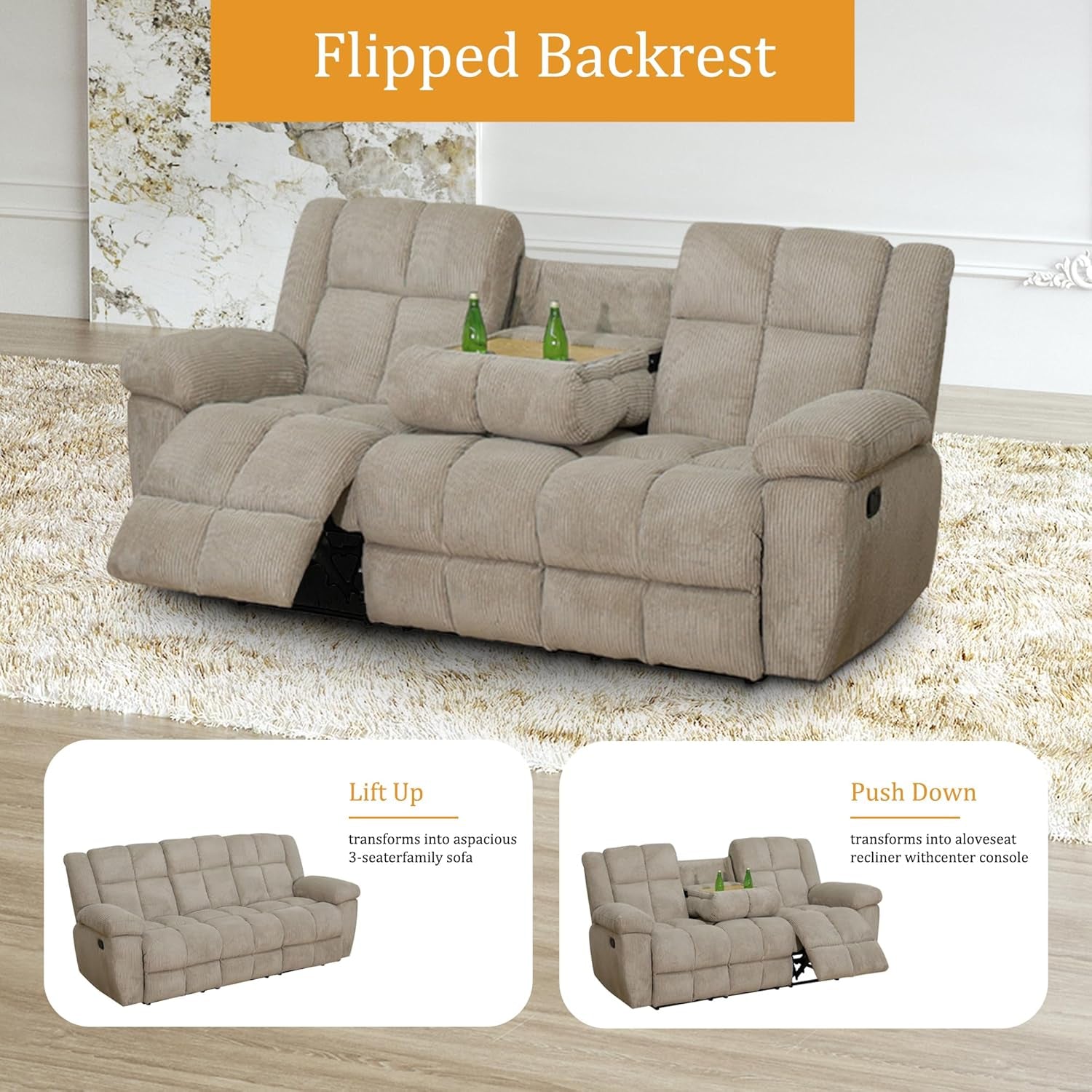 Corduroy Fabric Recliner Sofa Set, 3 Piece Living Room Furniture Set, Manual Reclining Sofa Couch and Chair with Cup Holders/Storage/Coffee Table (Beige)