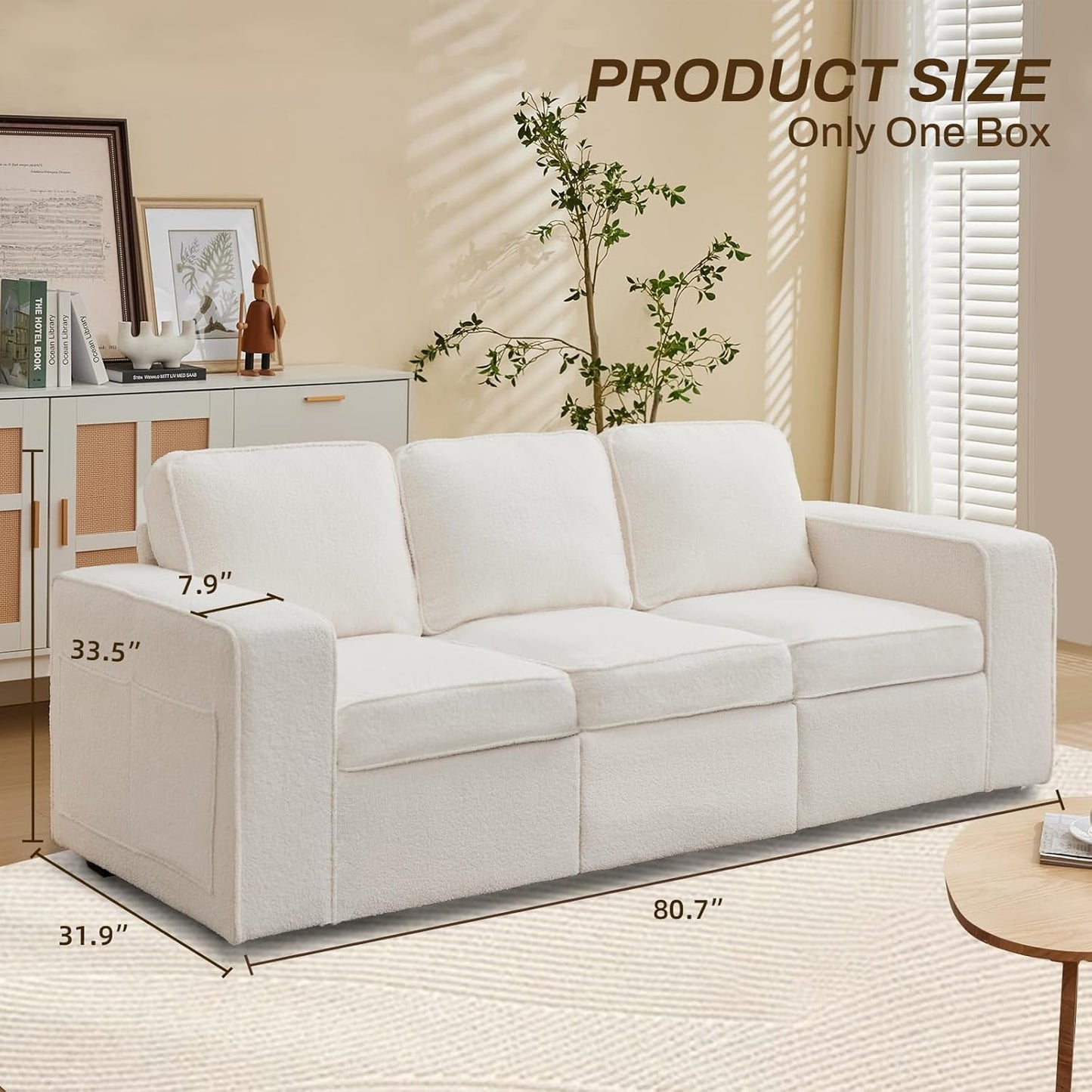 80'' Sofa Couch for Living Room, Mid Century Modern Loveseat Sofa with Side Pocket, 3-Seater Couches for Bedroom, Apartment, Office, Teddy Wool White