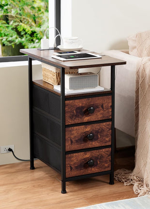 Rustic Brown End Table with Integrated Charging Station, Slim Nightstand with USB Ports and Outlets, Compact Side Table with Three Fabric Drawers for Limited Spaces, Model HETN013BR-1