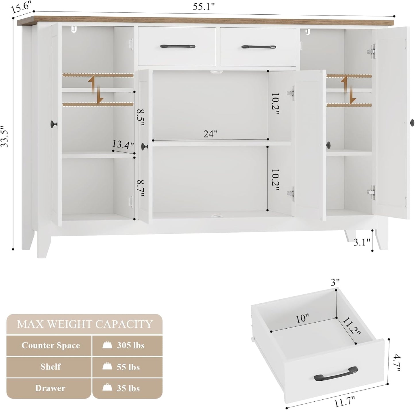 55" Buffet Cabinet with Storage, Kitchen Buffet Sideboard with Drawers, Large Storage Cabinet with Doors and Shelves, Modern Farmhouse Coffee Bar for Kitchen, Dining Room, Living Room, White
