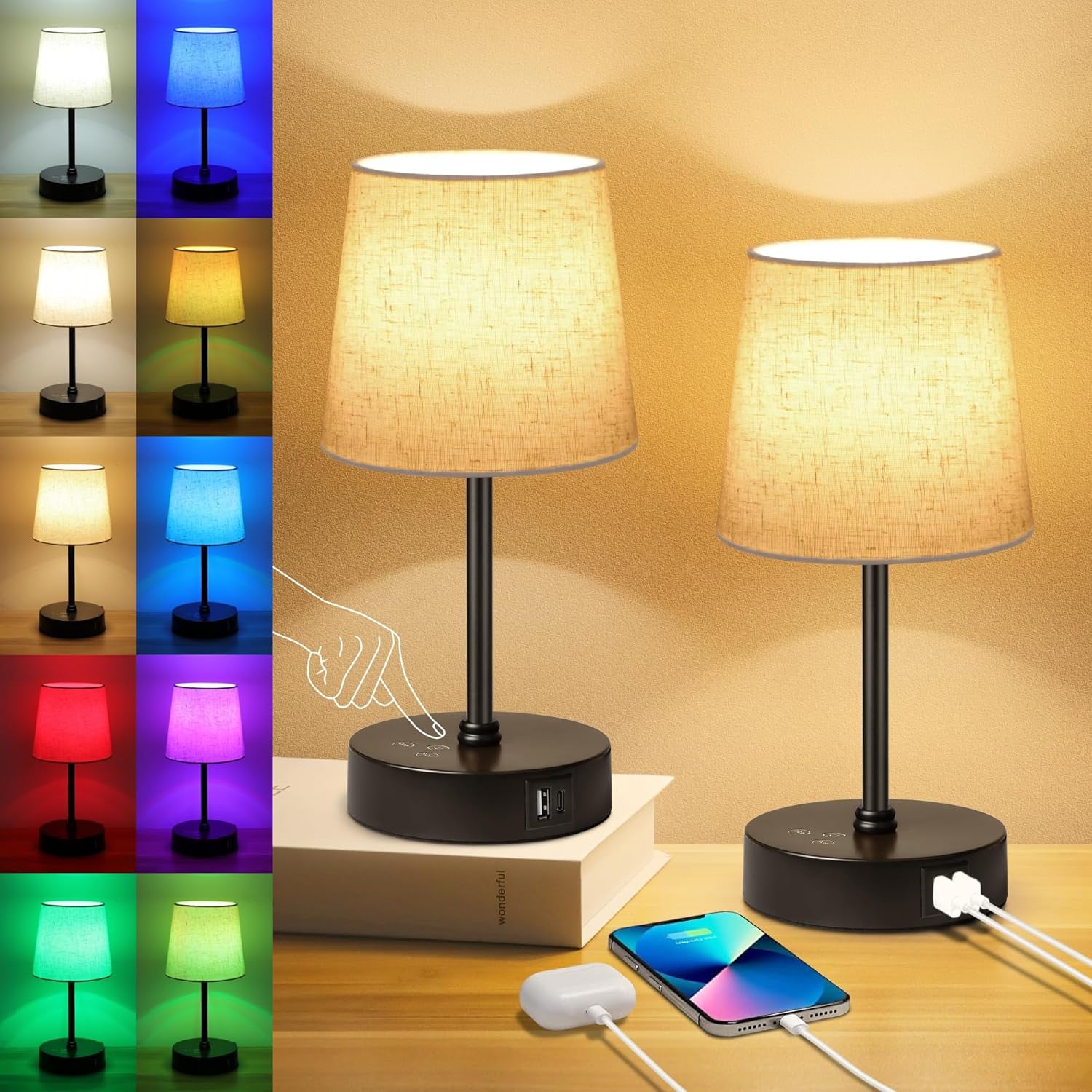 Small Bedside Table Lamp Set of 2, RGB Color Changing Lamps, 3 Color Temperatures, Dimmable Nightstand Lamp with USB C+A Ports, Touch Desk Lamp for Bedroom Living Room, H11.4In(Flaxen Shade)