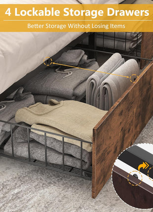 Queen Metal Platform Bed Frame with 2-Tier Storage Headboard, 4 Drawers, Built-in Charging Station, LED Lighting, and Noise-Free Support in Vintage Brown Finish
