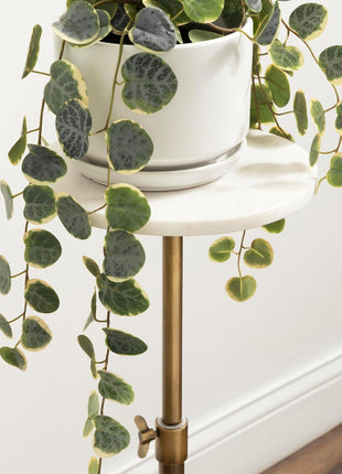 Engles Traditional Adjustable-Height Pedestal Drink Table - 10" x 10" x 30" - White Marble Top with Antique Brass Base - Vintage Round Indoor Metal Plant Stand