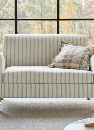 Farmhouse Recliner Armchair with Solid Wood Spindle Legs, Adjustable Backrest and Footrest, Comfortable High Back Single Sofa for Living Room, Blue Striped Design