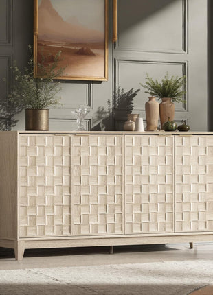 Mid-Century Modern Fluted Sideboard Cabinet - Solid Wood Buffet with Adjustable Shelves, Walnut Finish, and Oak White Accents for Dining Room Storage