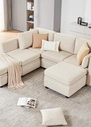 Modular U-Shaped Sectional Sofa with Storage, Convertible Design, High-Quality Soft Foam Cushions, Comfortable Seating for 6, Beige