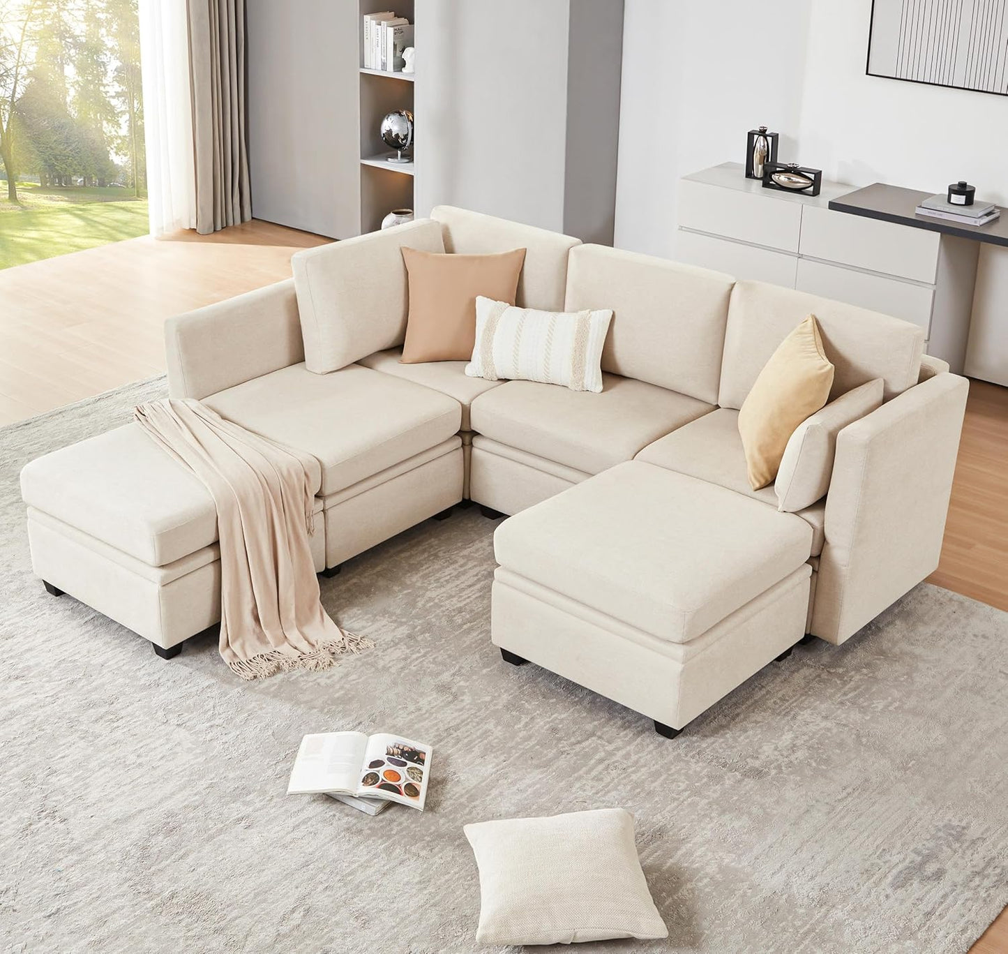 Modular Sectional Sofa with Storage, U Shaped Sectional Couch for Living Room, Convertible Modular Sofa Couch with Ottomans, High Supportive & Soft Sponge, 6 Seat, Beige