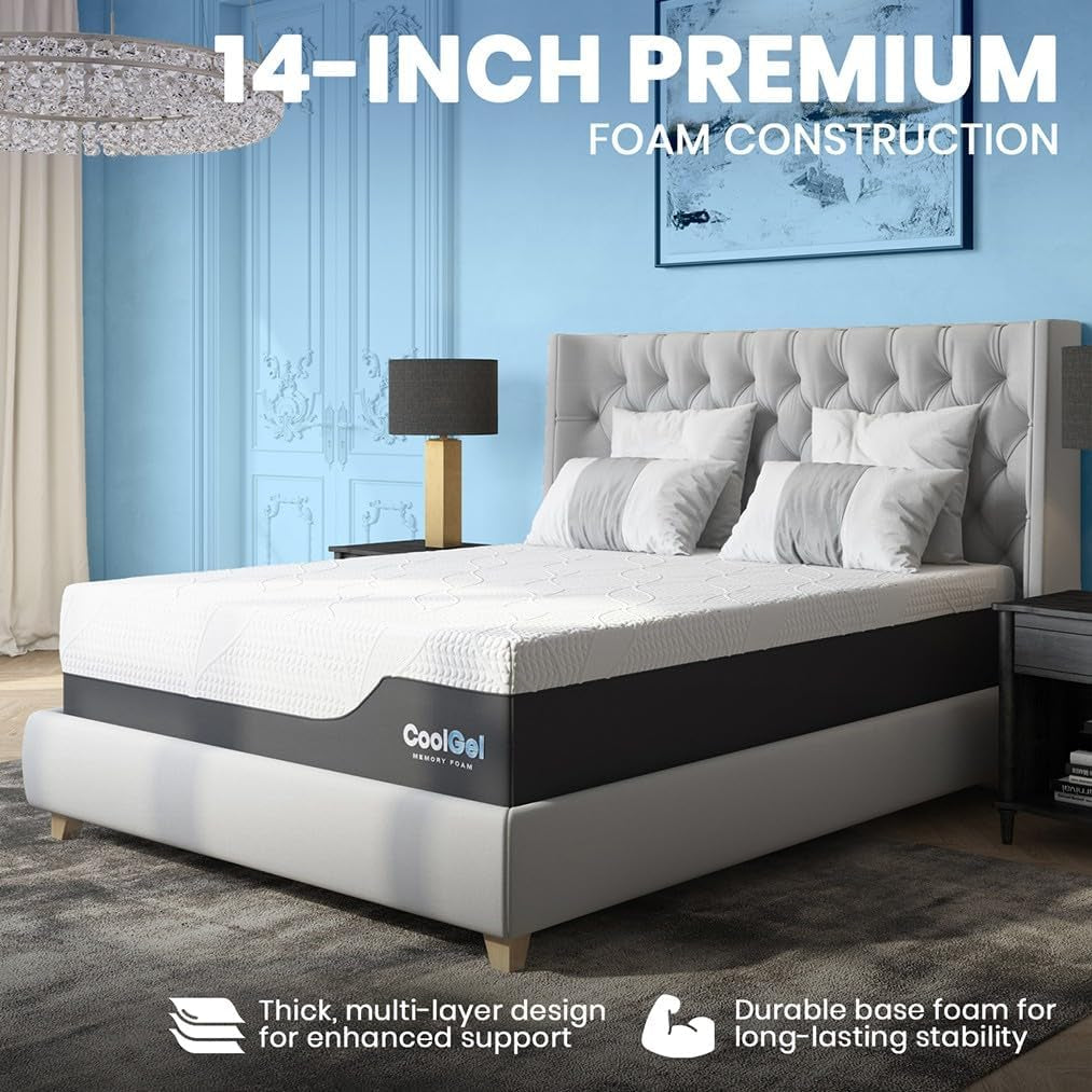 Classic Brands  Chill Memory Foam 14-Inch Mattress with 2 BONUS Pillows |Certipur-Us Certified |Bed-In-A-Box, Queen