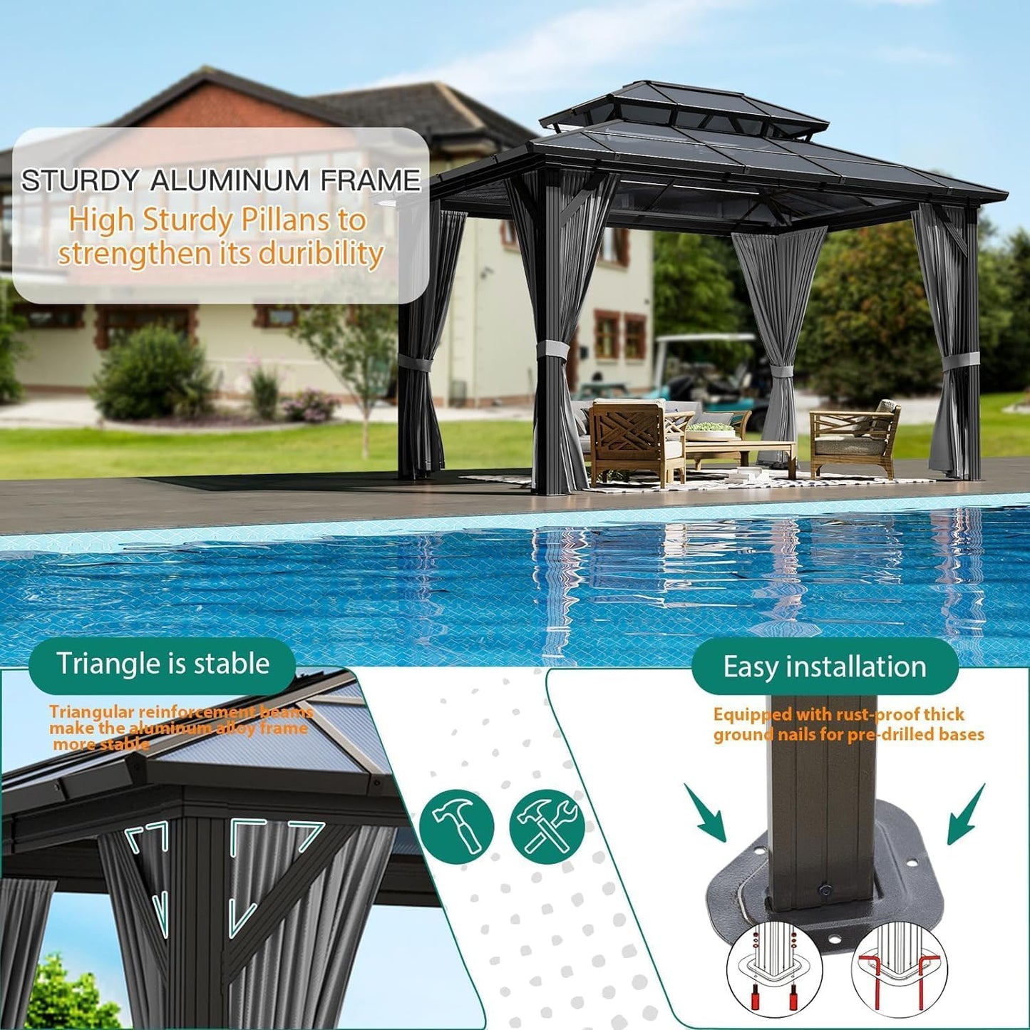 12'X10' Hardtop Gazebo, Heavy Duty Aluminum Permanent Hardtop Gazebo Outdoor Pavilion with Curtains and Netting for Garden (Gray, PC Top / 12'X10')