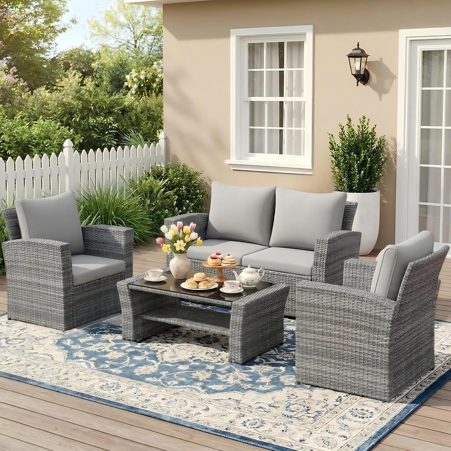 4 Piece Patio Furniture Set, Wicker Outdoor Patio Conversation Furniture Set, All Weather Outdoor Patio Sofa with Cushion and Glass Table, Ash Gray