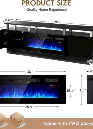 70-Inch Contemporary TV Stand and Entertainment Center for Living Room, Supports TVs up to 80 Inches, Features Storage Cabinet with Shelves, Includes 36-Inch Electric Fireplace with LED Flame (All Black)