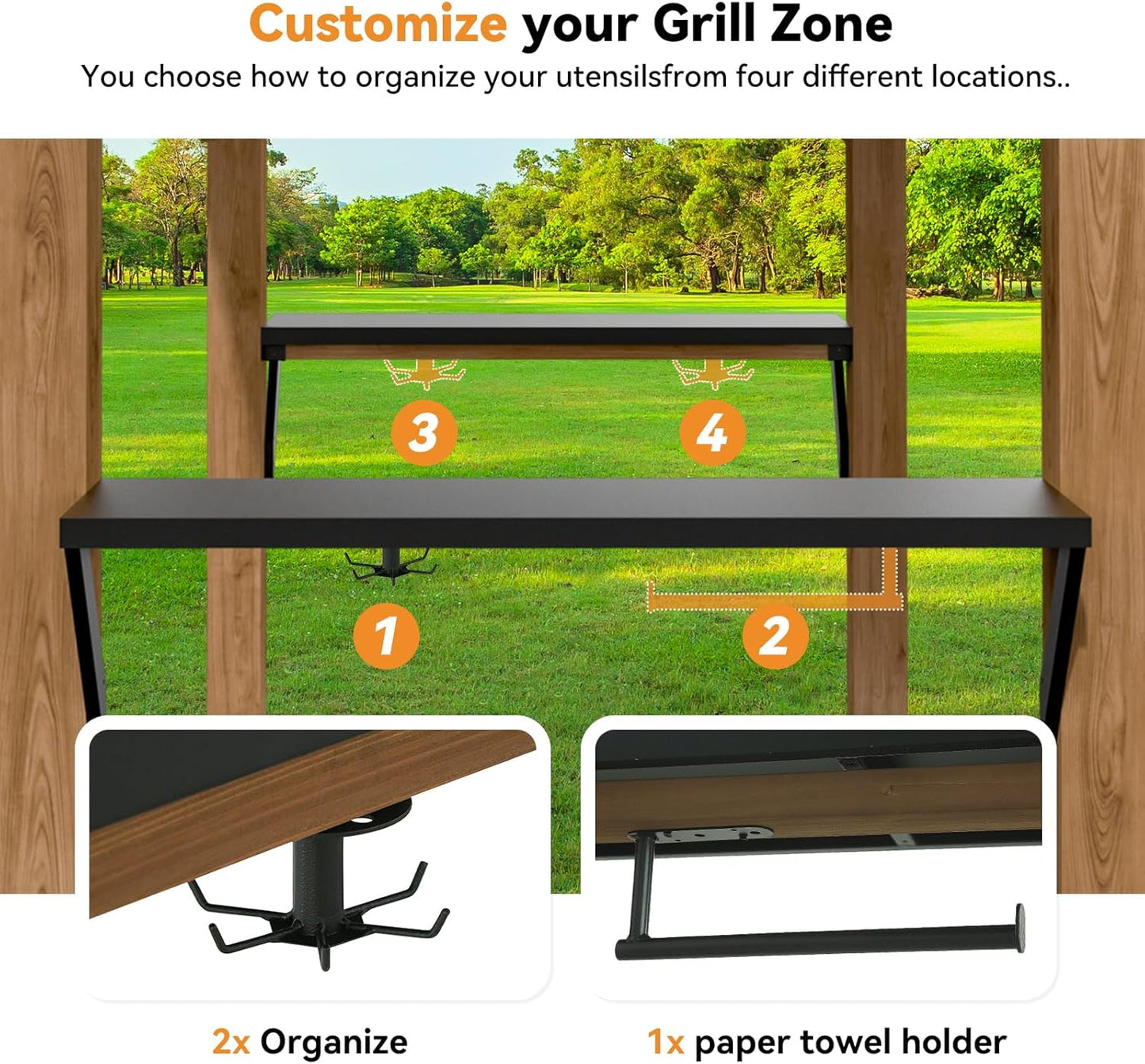 Modern Shade Grill Gazebo 6' X 8', Cedar Wood Gazebo with Shelves and Paper Towel Holder, Patio Pavilion with Galvanized Steel Roof, USB and USB-C Charging Ports for Patio Backyard