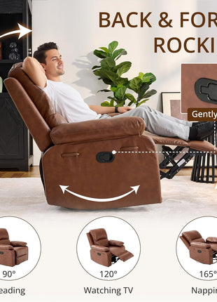 360° Swivel Rocking Leather Recliner Chair for Adults - Overstuffed Manual Recliner with Spring Cushion, Nursery Glider Sofa with Side Pockets in Camel