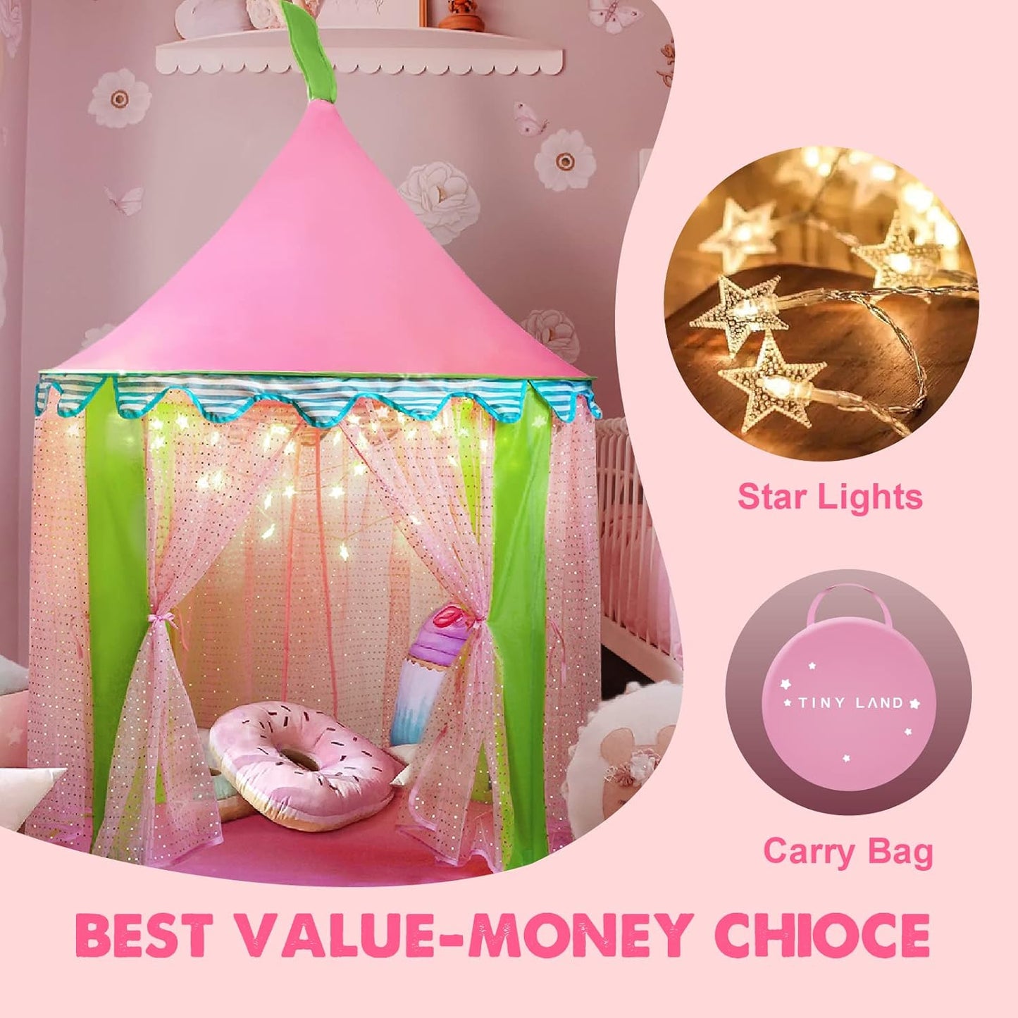 Princess-Tent with Star Lights & Carry Case, Pop up Play-Tent, Princess Castle Indoor Playhouse, Foldable Kids Play Tent Outdoor, Toddler-Tent for Girls
