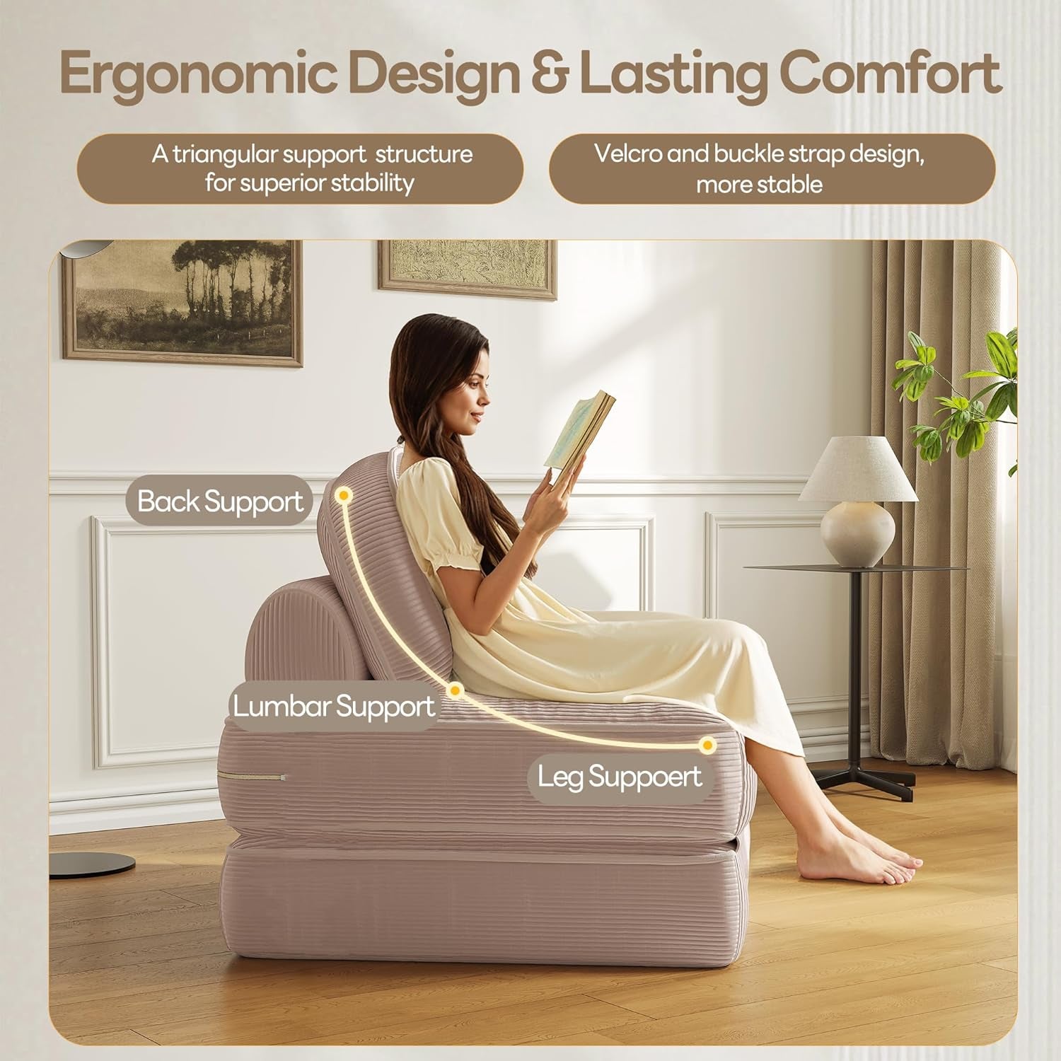 Folding Sofa Bed with Pillow, Convertible Comfy Couch Bed for Adults Home Lounge and Gaming, Modern Comfortable Design for Apartment Living Room Bedroom, Single, Ribbed Velvet, Mauve