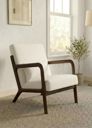 Mid-Century Modern Chenille Accent Chair with Lumbar Support Pillow, Solid Wood Frame, Perfect for Living Room, Bedroom, or Office, Beige