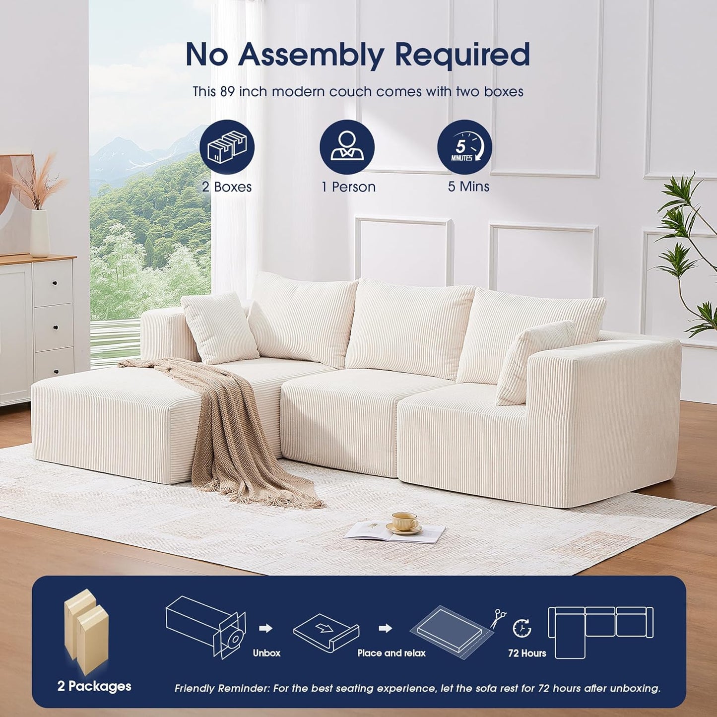107'' Modular Sectional Sofa, L Shaped Cloud Couch for Living Room, Modern Boneless Sofa with Chaise for Bedroom, Beige
