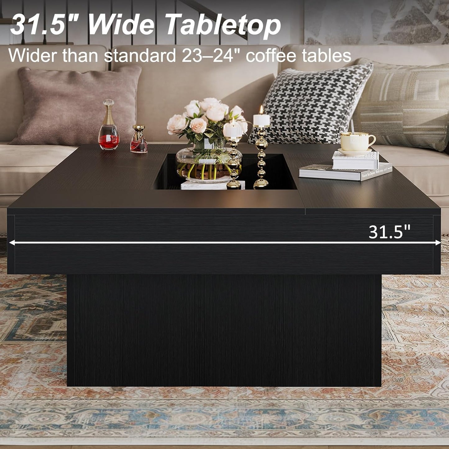 Black Coffee Table, Modern Wood Led Living Room Table with Storage, Unique Large Wide Rectangle Center Table with LED Light, Contemporary Low Tea Table for Bedroom Home Office, 47.24 In, Black Oak