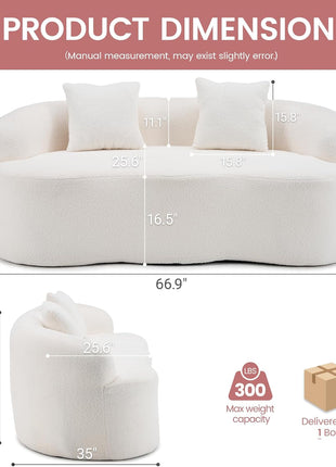 67-Inch Curved Modern Loveseat Sofa in Cream White with Two Pillows, Ideal for Small Living Spaces, No Assembly Required