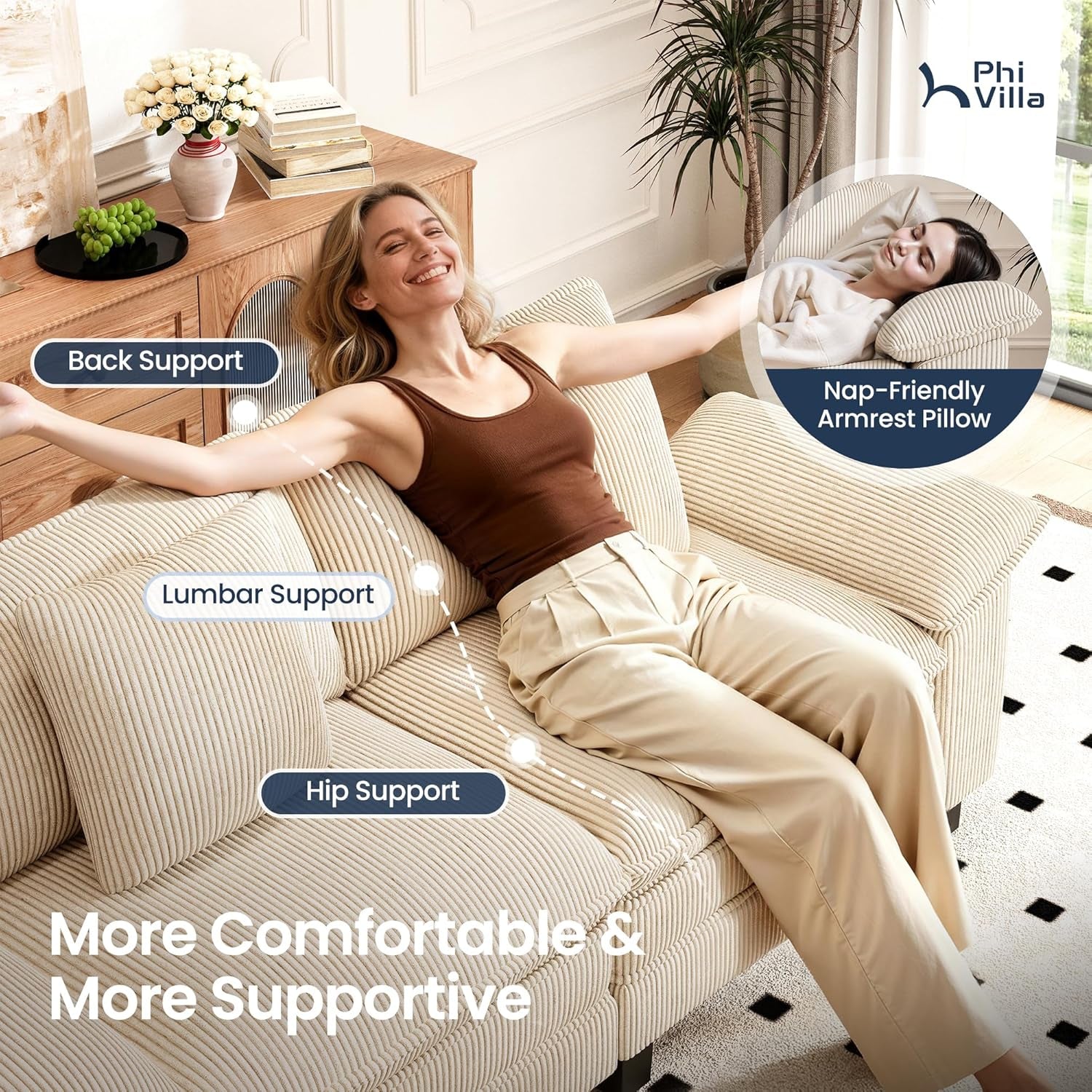 Cloud Modular Couches Sets, 2 Pieces Comfy Sectional Sofa Set with Loveseat, 5-Seater Upholstered Couch for Living Room, Corduroy, Beige