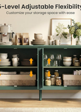59-Inch Vintage Buffet Cabinet with Adjustable Shelves and Carved Handle, Mid-Century Modern Forest Green Sideboard for Kitchen and Dining Room