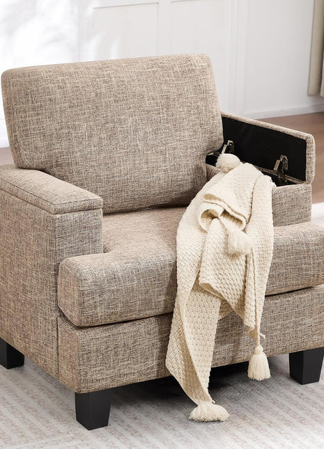Contemporary Upholstered Accent Chair with Armrest Storage for Living Room and Bedroom, Spacious Fabric Single Sofa Chair in Yellowish Brown