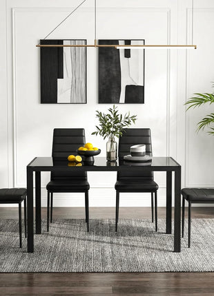 5-Piece Dining Table Set for Four with Tempered Glass Top and Upholstered PU Chairs, Space-Saving Metal Frame Design for Home and Kitchen in Black