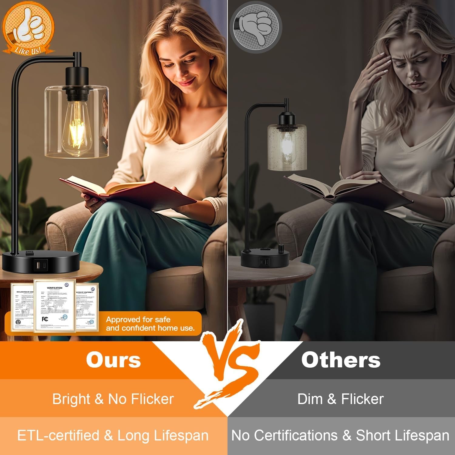 Set of 2 Industrial Touch Control Table Lamps with USB C+A Ports and AC Outlet - 3-Way Dimmable Black Bedside Lamps Nightstand Desk Lamps for Bedroom Living Room, Glass Shade & 2 LED Bulbs Included