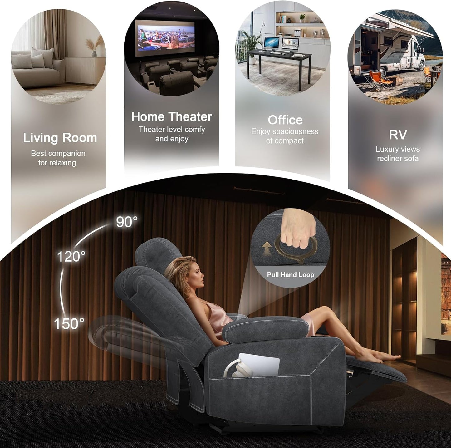 Recliner Sofa 3 Seater Sofa with Recliner, Home Theater Seating with Liftable Console & Removable Armrest, Manual Velvet Fabric Reclining Couch with Cup Holders & USB Ports for Living Room/Rv (Grey)