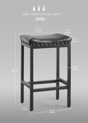 Set of 2 Industrial Vintage Counter Height Bar Stools, 25.5 Inch Faux Leather with Nailhead Trim and Footrest, Perfect for Kitchen Islands and Dining Areas, Easy to Assemble