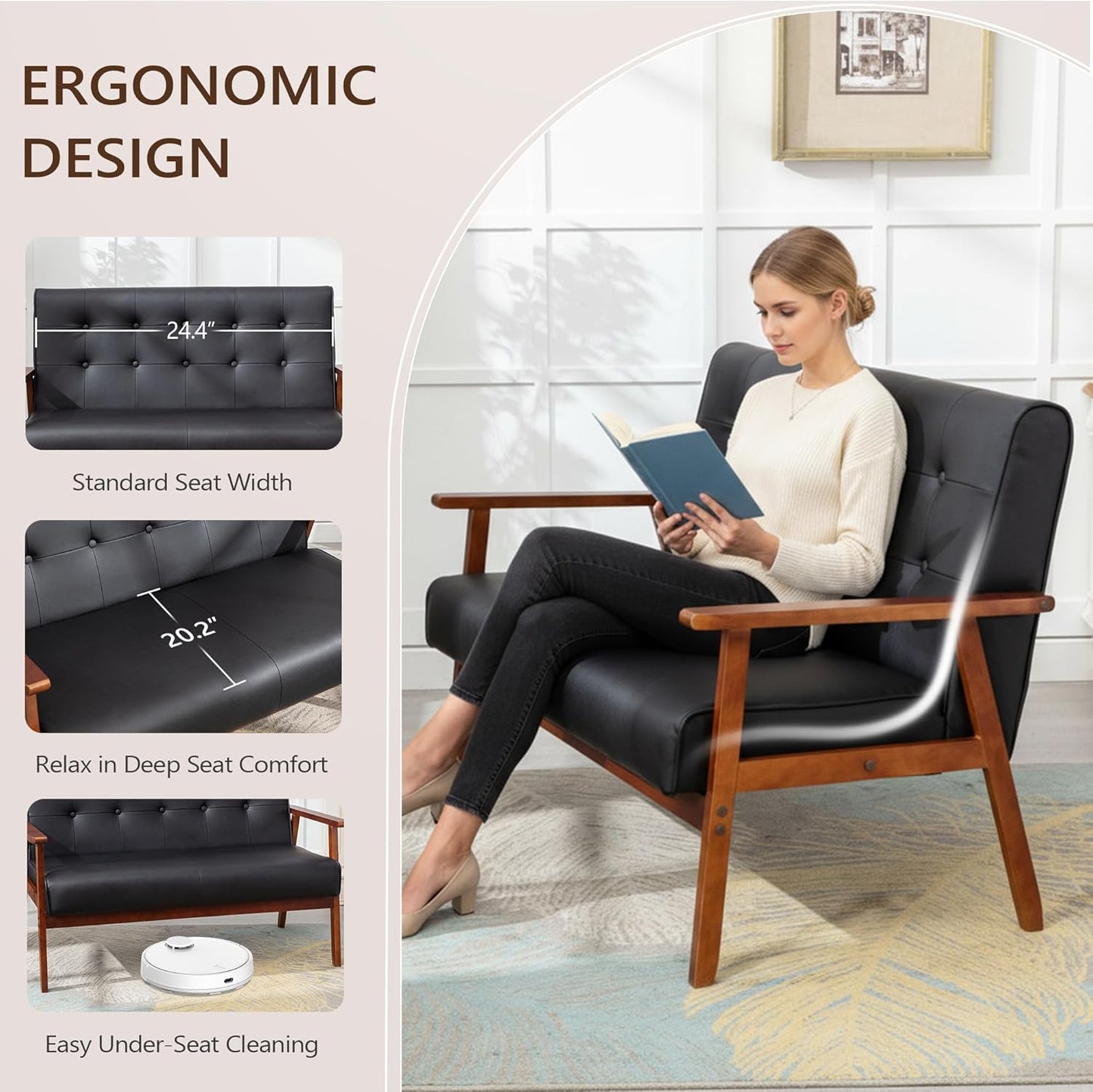 Mid-Century Modern Solid Loveseat Sofa Upholstered Faux Leather Couch 2-Seat Wood Armchair Living Room/Outdoor Lounge Chair, Waiting Room Sofa, 50”W