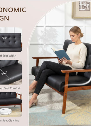 Mid-Century Modern Upholstered Faux Leather Loveseat Sofa with Wood Arms, 2-Seat Couch for Living Room and Outdoor Lounge, 50” Width