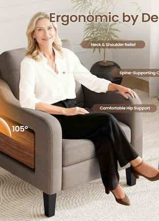 Contemporary Linen Upholstered Accent Chair with Foldable Table and Side Pockets for Living Room and Bedroom