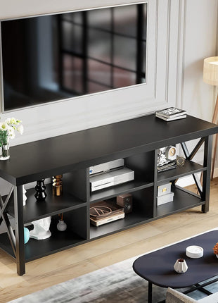55-Inch Industrial Farmhouse TV Stand for TVs up to 65 Inches with 6 Storage Cabinets, Black Entertainment Center for Living Room