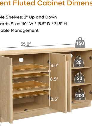 55-Inch Contemporary Mid-Century Fluted Sideboard Buffet Cabinet with Arched Reeded Doors and Adjustable Shelves in Natural Oak Finish for Living and Dining Spaces