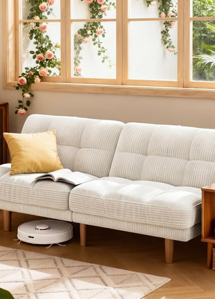 65-Inch Convertible Futon Sofa Bed with Adjustable Backrest, Ergonomic Recliner Sleeper Couch in Corduroy Fabric for Living Room, Office, or Guest Room (White)
