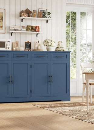 60-Inch Large Buffet Sideboard with Storage - 36-Inch Tall Kitchen Cabinet Featuring 4 Drawers, Modern Coffee Bar Design with Black Handles in Blue Finish