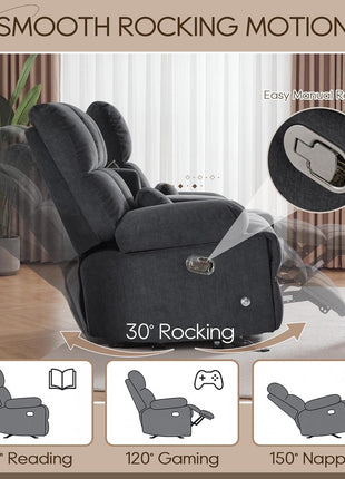 Luxurious Loveseat Recliner Sofa with 30° Rocker Function, Cat-Resistant Fabric, Manual Recline, Ideal for Living Room and Nursery, Featuring Phone Holder, Hidden Socket, and Console (Grey)