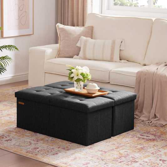 31.5 Inches Ottoman with Storage, Folding Ottoman Bench Small Foot Rest Stool, Bedroom Bench with Flipping Lid, Linen Black