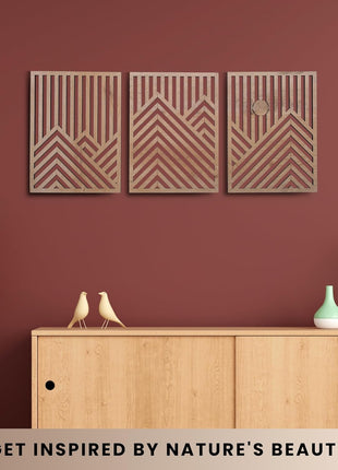 Contemporary Wooden Wall Sculptures Set of 3 - Decorative Accents for Living Room, Bedroom, and Office - Large Art Pieces with Easy Installation (Oak, Medium - Mountain and Sun)