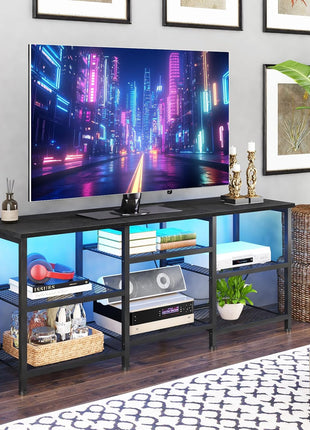 Contemporary TV Console for Screens up to 55 Inches with Integrated Power Outlet and LED Lighting, Featuring Open Storage Shelves for Living Room and Bedroom, Black Finish