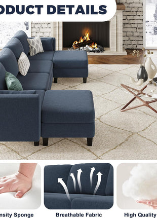 Elegant Blue Modular Sectional Sofa - 6-Seat Convertible Sleeper Couch with Ottomans for Enhanced Comfort in Your Living Room