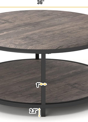 36-Inch Round Coffee Table for Living Room, Two-Tier Rustic Wood Design with Storage Shelf, Modern Home Furniture in Light Walnut