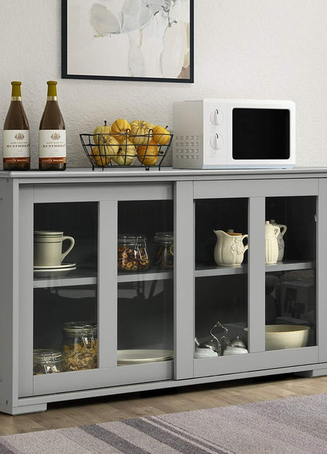 Elegant Grey Wooden Sideboard Buffet Cabinet with Adjustable Shelves and Sliding Glass Doors, Ideal Accent Console Table for Living Room, Dining Room, and Hallway