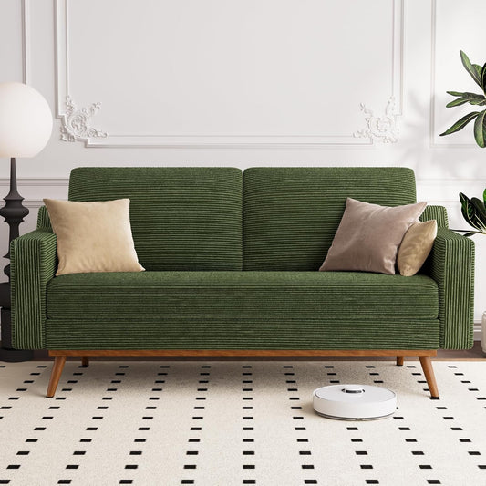 65.4" Loveseat Sofa Green Corduroy Couch, Mid-Century Modern Small Couches for Living Room, Bedroom, Office, Comfy Sofa with Spring Cushion, Solid Wood Frame, Tool-Free Assembly