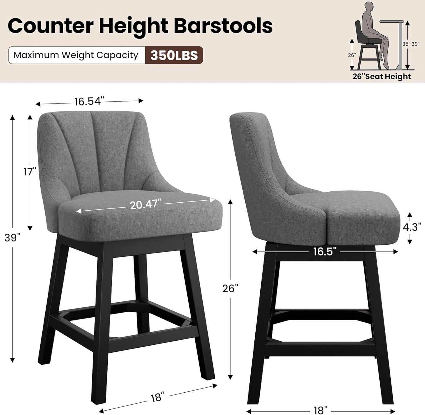 Swivel Bar Stools Set of 3, Fabric Upholstered Counter Height Barstool, 26" Modern Kitchen Island Chairs with Back and Solid Wood Legs for Home Bar Dining Room, Dark Grey